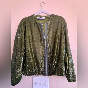 WORN ONCE Green Sequin Party Bomber Jacket - M -